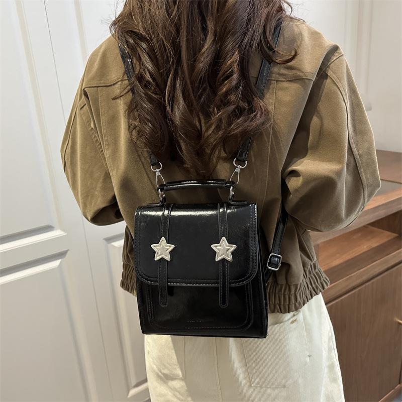 Vintage Star College Style PU Backpack for Women Thread Design Girls Satchel Shoulder Bag Student Portable Solid Color Handbags