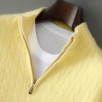 Hochwertiger Herren-Pullover aus reiner Wolle mit Zopfmuster und halbem Reißverschluss - Dickes Strickteil für alle Altersgruppen