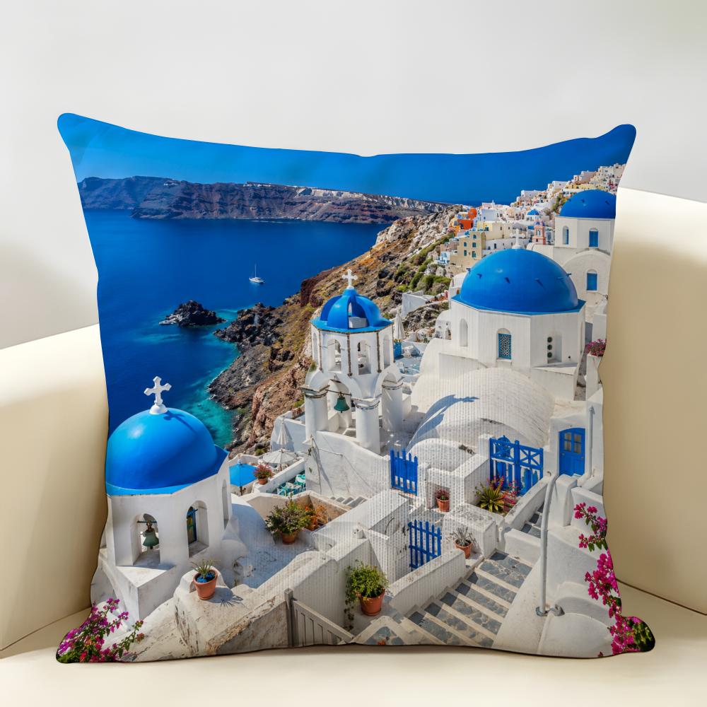 Griechische Santorini Serie Muster Kissenbezug Langlebig Hypoallergen Bio-Leinen Kissenbezug Kurze Größe Waschbar Hautfreundlich