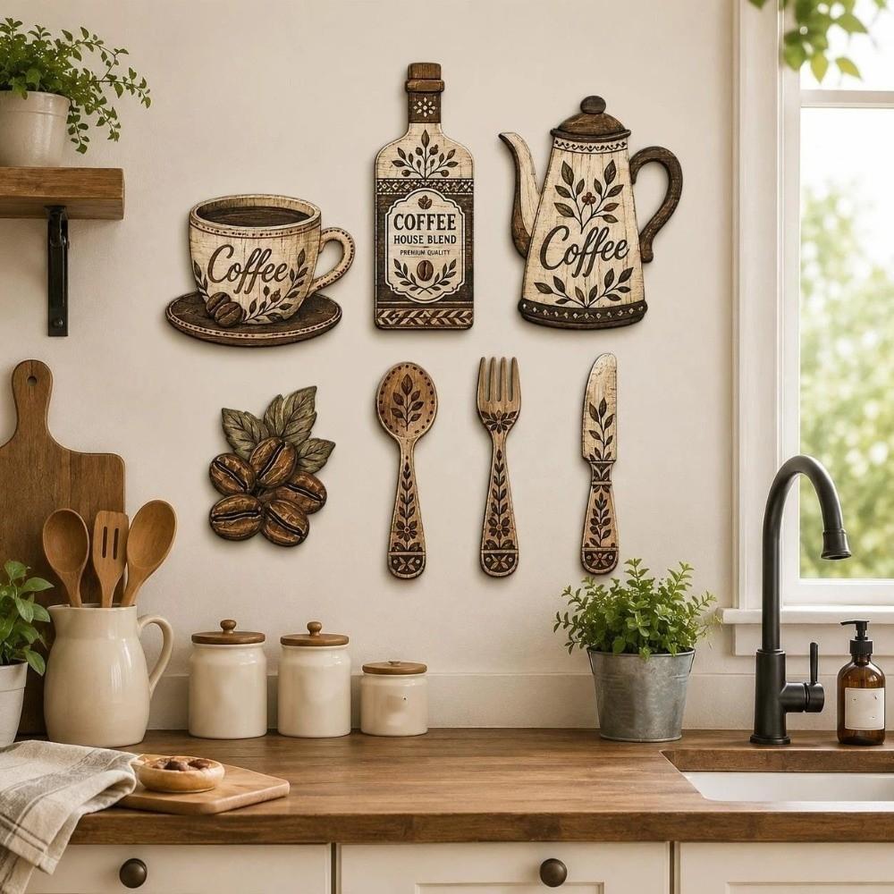 7Pcs Vintage Coffee Utensil Wooden Ornament Dining Room Wall Decor Set For Home Kitchen