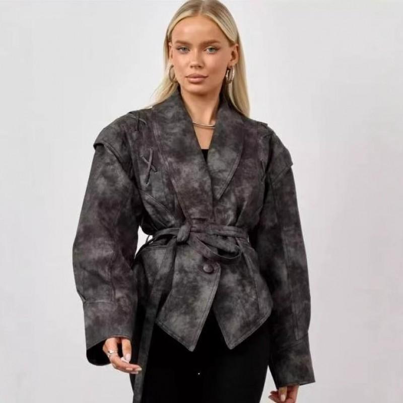 Womens Street Style Faux Leather Jacket With Notched Collar Tie PU Material Regular Fit Fashion Outerwear