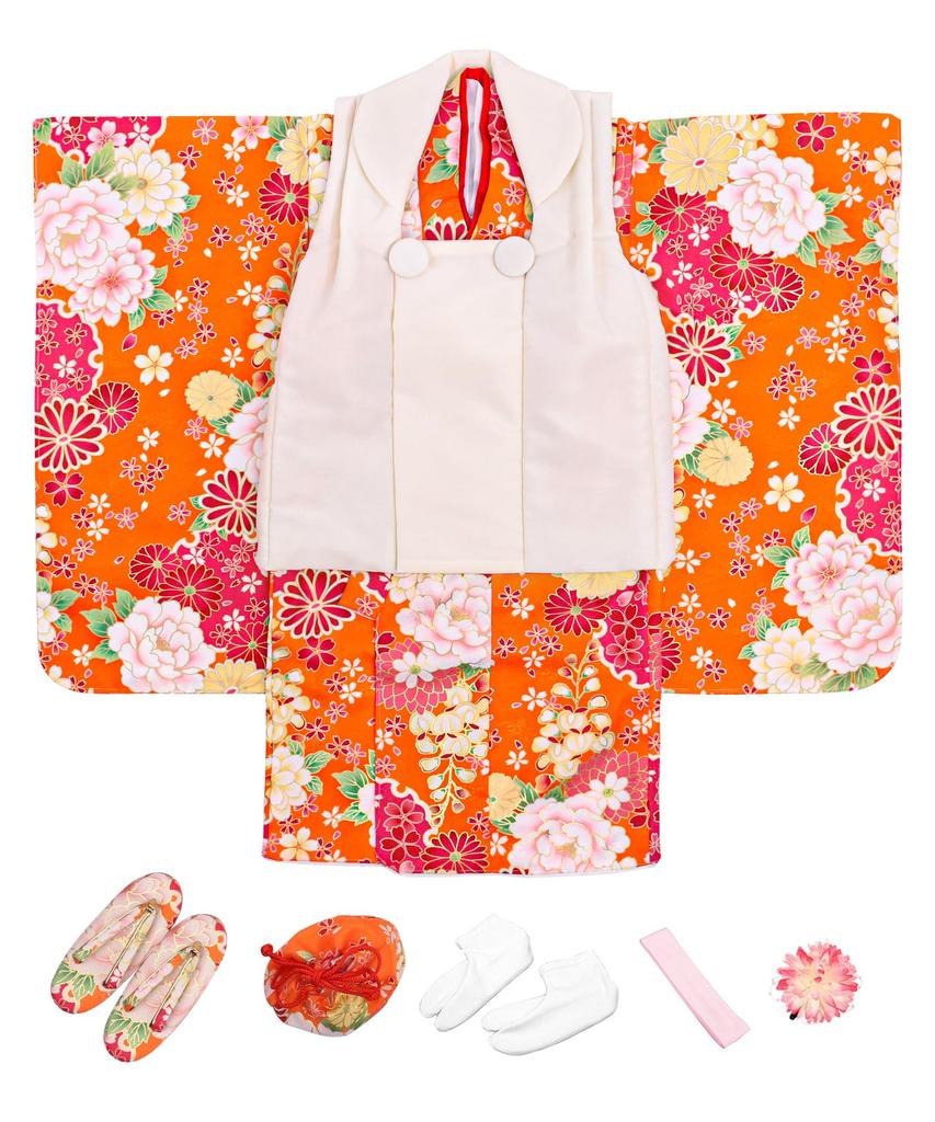 753 Kimono Set for Includes Hifu and Plain Hifu and Full Set Orange Blossom [KYOETSU] 3-Year-Old Girls, Cloth, Accessories, (10. Echo, 90-100cm)