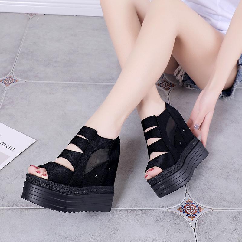 12cm Ultra High Heels Wedge Sandal for Women Fashion Summer Peep Toe Mesh Breathable Gothic Black White Platform Sandales Femmes