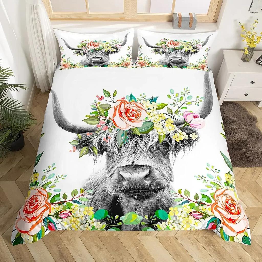 Highland Cattle Cute Floral Cow Yellow Sunflower Comfortable Duvet Quilt Cover Pillowcase Bedding Set Children Home Textile