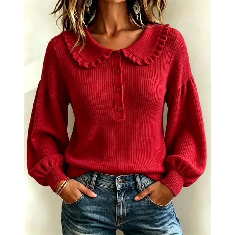 Women S Long Sleeve Pullover Ribbed Knit Top Round Neck Ruffled Trim Fall Winter