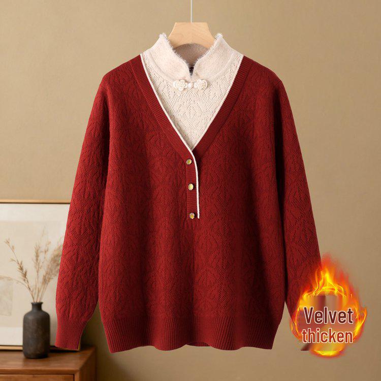 

Velvet-Lined Cable Knit Sweater for Middle-Aged and Elderly Women - Soft, Warm, and Loose Fit for Autumn and Winter 3XL