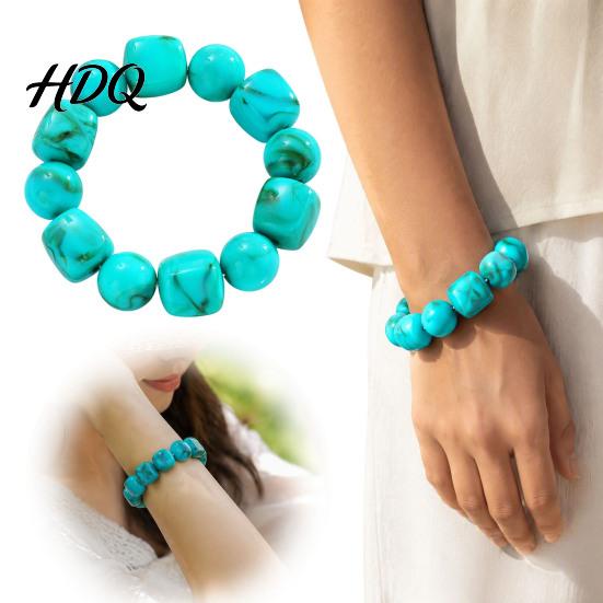 Retro Quadratische Runde Perlen Armreif Armband für Damen Herren, Blaue Simulationssteine Kratzfeste Acrylperlen Armbänder, Elastisches Dehnbares Klobiges Einzigartiges