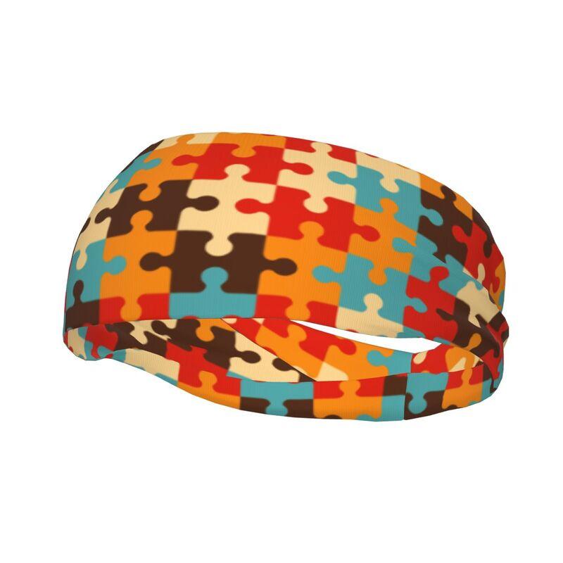Autism Awareness Colorful Puzzle Pieces Sports Head Bands Sweatbands for Women Men Elastic Exercise Headband for Fitness Running