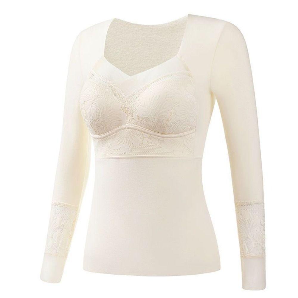 Lace Women Thermal Clothes Mesh V Neck Warmth Long Warm Top High Elastic Thermal Underwear  Lady