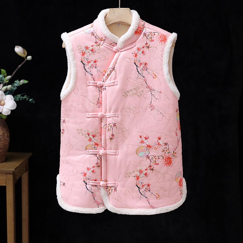 Midlife Women's Fashionable Floral Winter Vest - Cozy, Thick, Velvet-Lined Cardigan for Women Aged 60+
