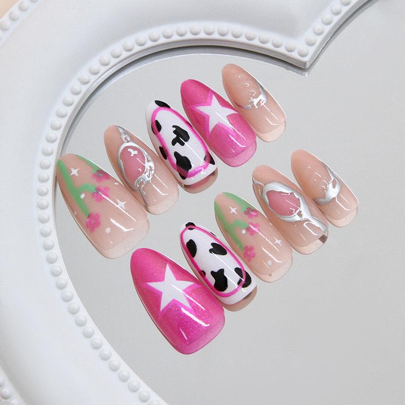 Three-dimensional cat's eye pink purple flower star light versatile ins wind removable manicure 30 pieces press on nail