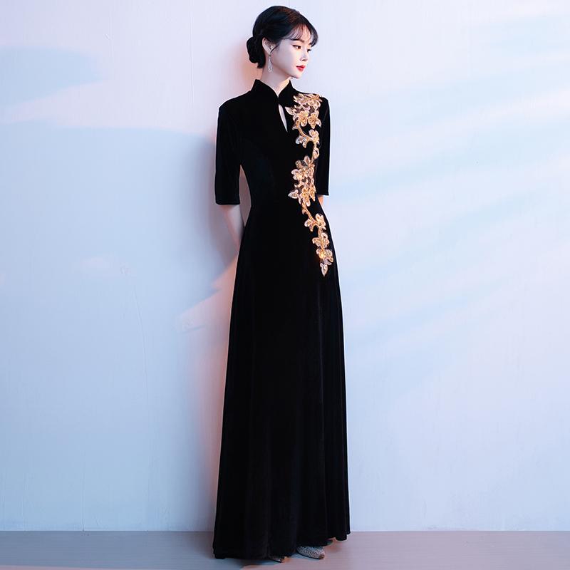 

Женское черное хоровое платье для выступления и вечернее платье ведущей из винно-красного бархата L чёрный