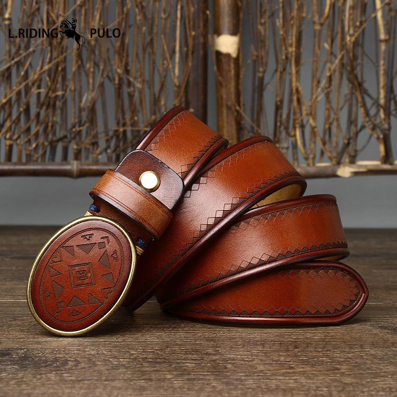 Retro Laser-engraved Pattern Trendy and Versatile Smooth Buckle Genuine Top-grain Cowhide Leather Belt for Men