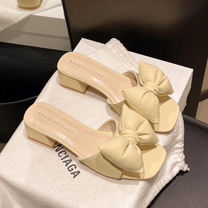 

Французские тапочки женские нескользящая плоская подошва модные 2025 новые толстый каблук бант средний каблук тапочки 39