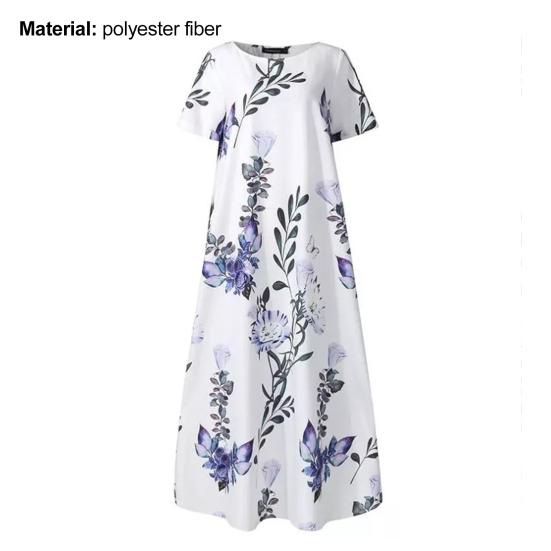 Women Elegant Dress Flower Leaf Print Short Sleeve Loose Leisure Dress for Outdoor