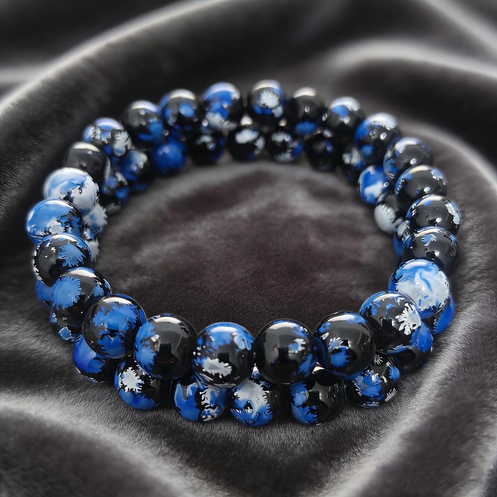 8mm Black, White, and Blue Round Bead Stretch Bracelet, European and American Style Colorful Printed Beaded Bracelet for Men and Women, Suitable for