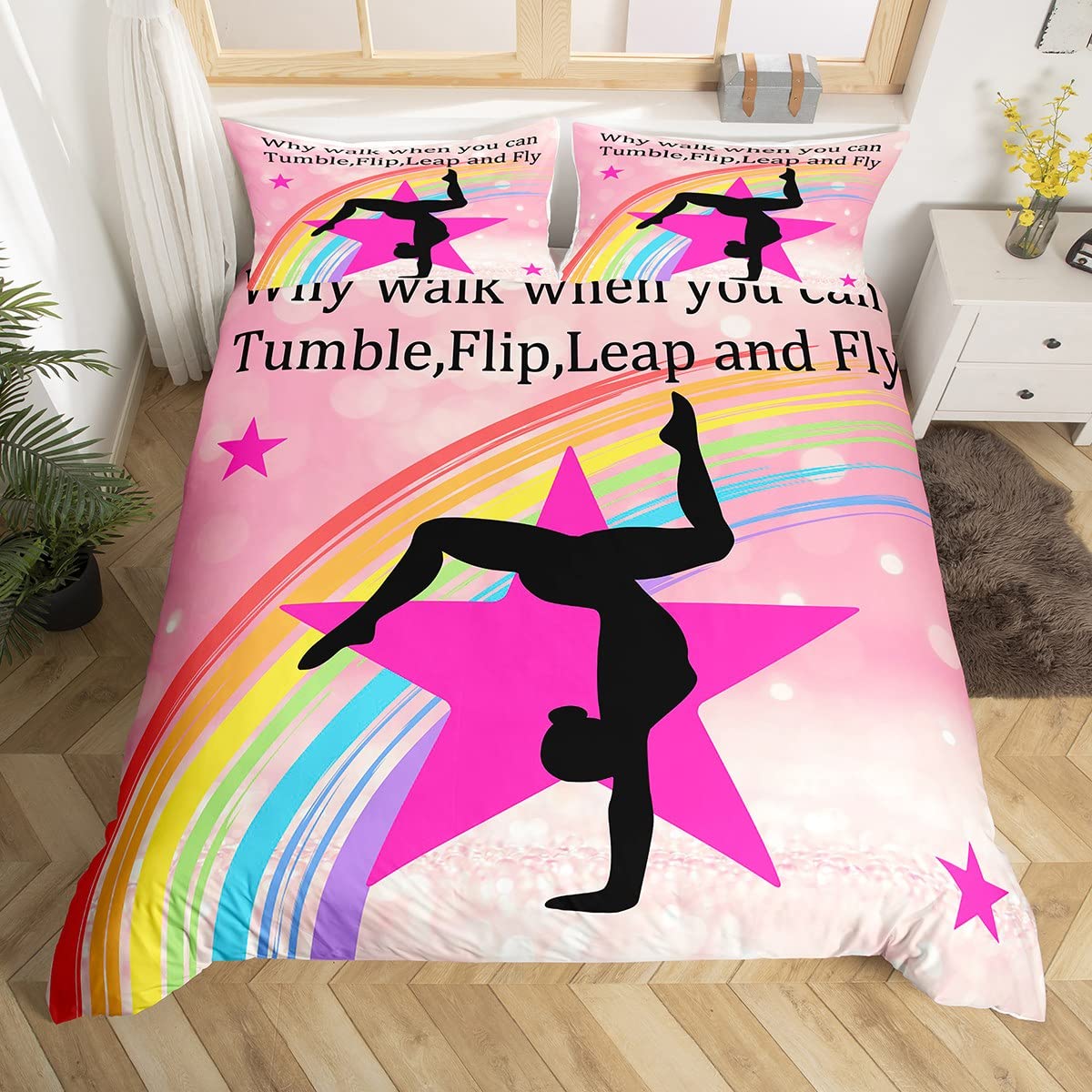 

Gymnastics Dance Lovers Duvet Cover King,Watercolor Butterfly Star Sky Bedding Set 3pcs,Silhouette Rainbow Graffiti Quilt Cover EU Single(135x200cm)