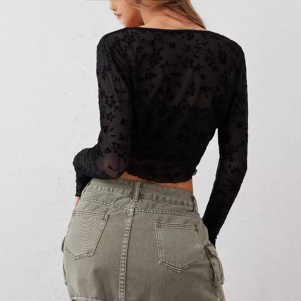 Spring Elegant Women's Transparent Mesh Flocking Front Tie Long Sleeve Top Versatile Closet Essential Fashion Items Shirt