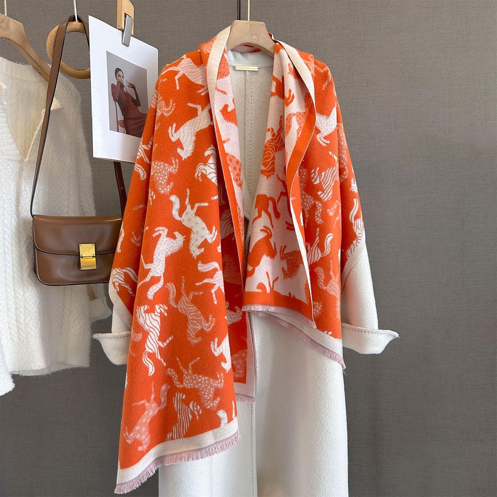 Autumn and Winter New Atmosphere Versatile Pony Jacquard Pattern Warm Scarf Women's Thickened Imitation Cashmere Scarf