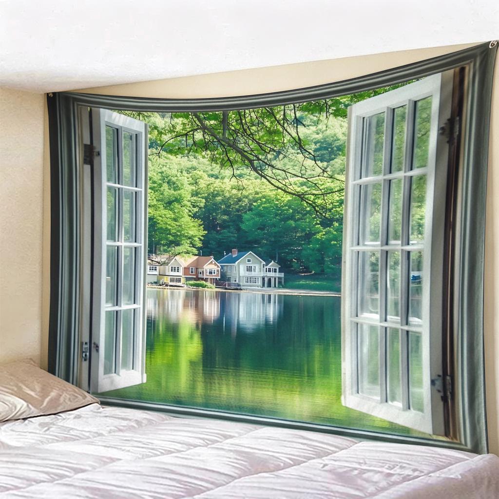 Window View Tapestry Wall Hanging, Scenic Nature Landscape Backdrop, Artificial Window Wall Decor for Bedroom Living Room