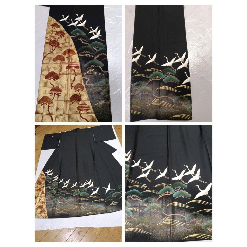 Used Black Tomesode, Pure Silk, Piece Embroidery, Flying Crane Hamamatsu Pattern, Five Crest Hiyori Tailoring, Fukuro Obi Pure Silk, Mitsukoshi