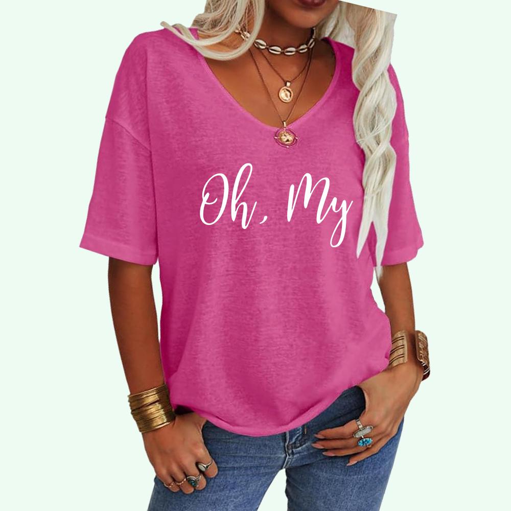 Women Fashion Letter Print Tee Shirt Summer Casual V-neck Top Loose Short Sleeve T-shirt