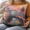 1pc Chinese Traditional Jiangnan Water Town Cushion Cover - Ancient Architecture & Cherry Blossom Pillowcase Suitable for Sofa Bed Decor, Zipper Closu