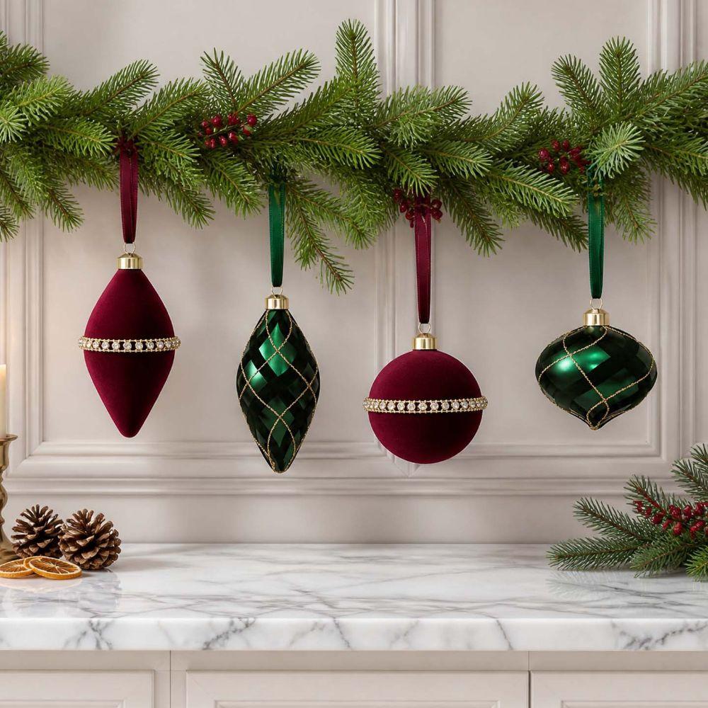 6Pcs Onion Shaped Rhinestone Christmas Bauble Flocked Xmas Tree Pendant Holiday Party