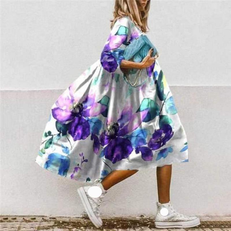Summer Casual Loose Waist Printed Dress Women Fashion Round Neck Floral Plus Size Dresses Female A Line Elegant Vintage Dress 24059