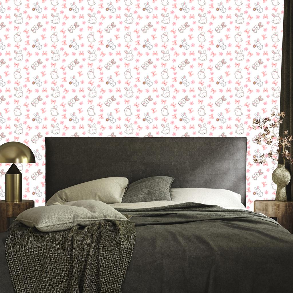 Rabbits Wallpaper In White, Coral and Light Gray for Living Room and Bedroom 50x1000