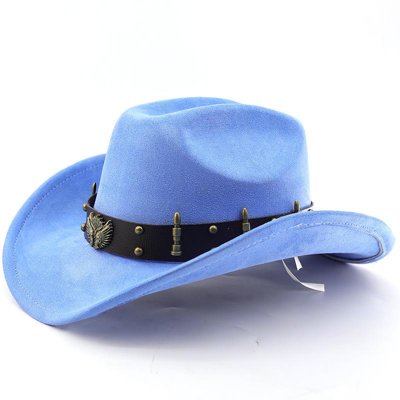 Замшевая ковбойская шляпа в западном стиле Винтажная металлическая джазовая шляпа Мужская и женская Этнический стиль Осень и зима Широкополая цилиндрическая шляпа M（56-58cm）