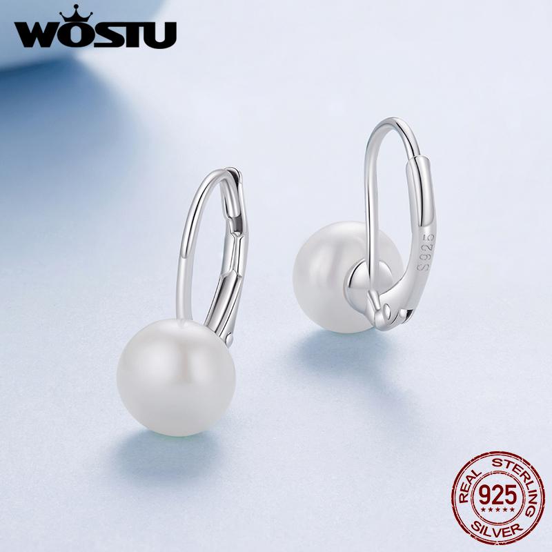 WOSTU 925 Sterling Silver Simple Pearl Huggies Earrings For Women French Style Pearl Hoop Earrings Elegant Jewelry Gift