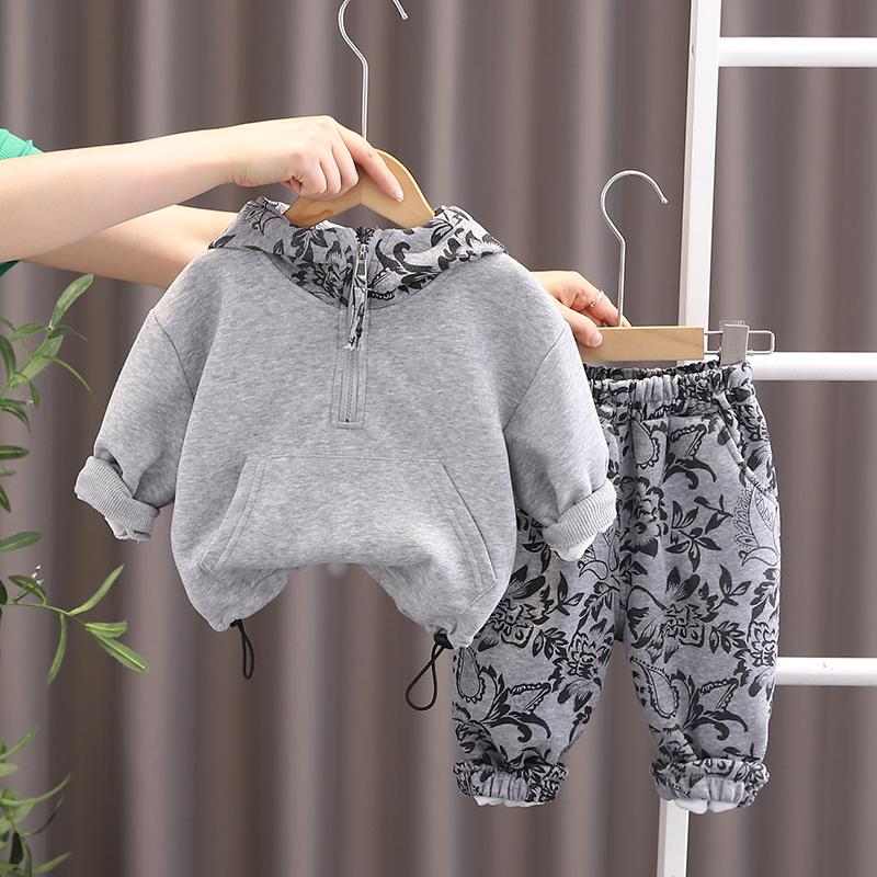 

Boys long sleeved 2-piece set, Autumn children s printed hooded sweatshirt+casual pants, Boys sportswear set S серый