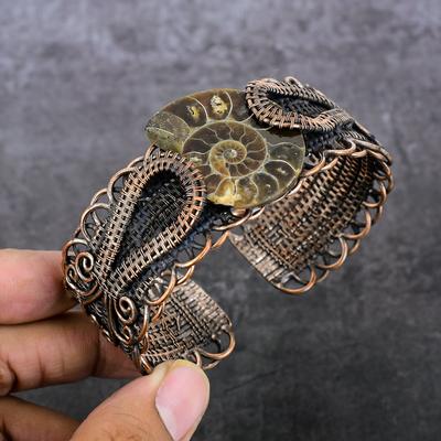 Natürlicher Ammonit Fossil Edelstein Kupferdraht Wickel Armreif Verstellbar P2h76
