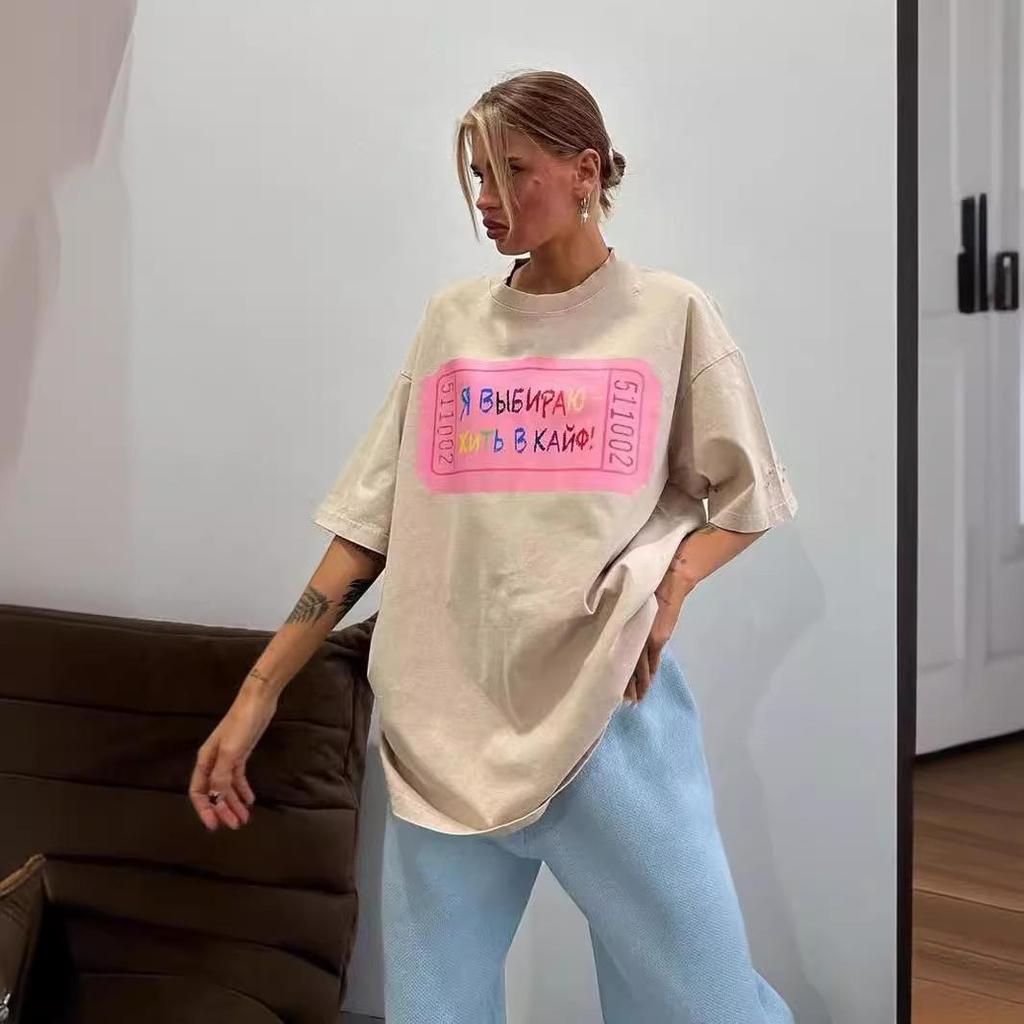 Women's Korean Retro Cotton Loose Short-Sleeve T-Shirt with Letter Print - Casual Versatile Style