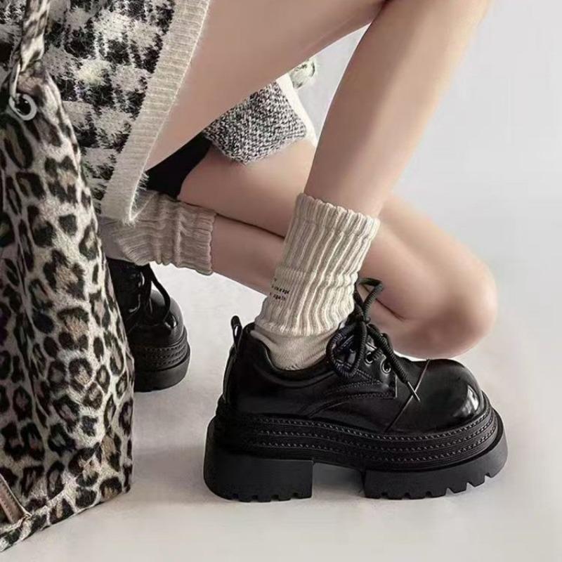 Women's Platform Leather Oxfords Chunky Sole Lace-Up Casual Shoes Thick Bottom Fashion Footwear
