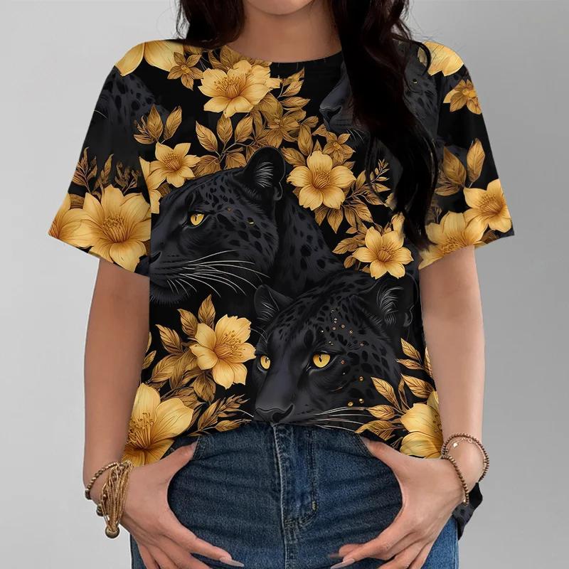 Bold Leopard Print Gold Flower Women's T-shirt Casual Fashionable Loose Comfortable Black Short Sleeve