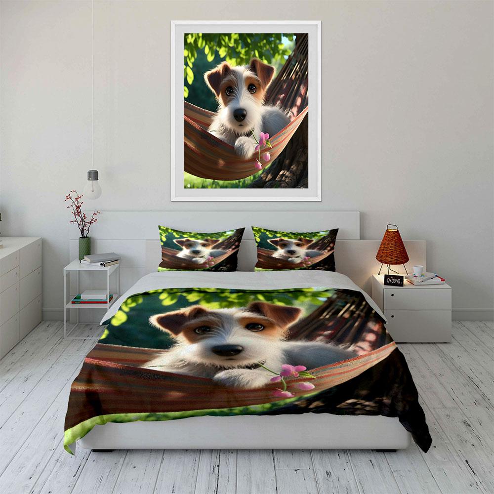 Cute Puppy In Hammock Scene Bedding Duvet Cover Set (1*Duvet Cover 2*Pillowcases, Without Duvet Insert)