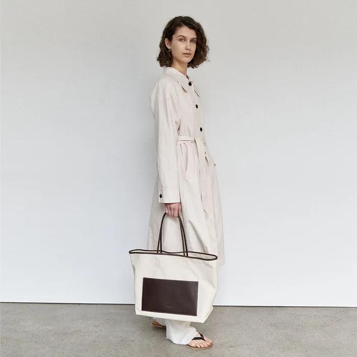 Leather Strap Canvas Bag - Brown