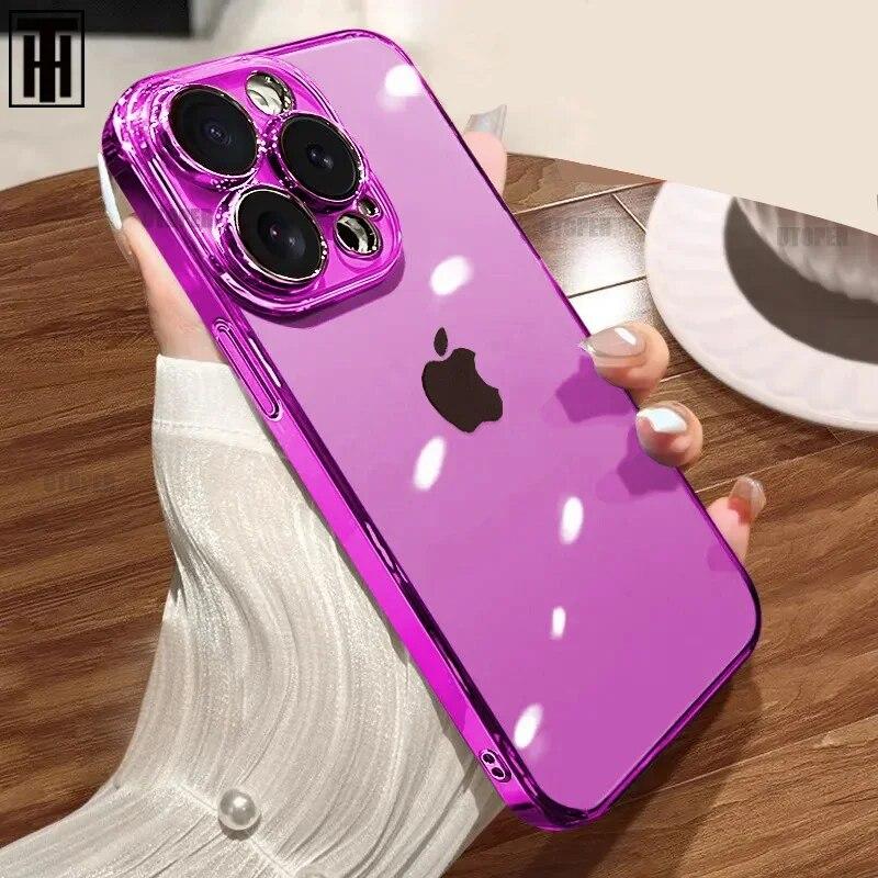 Luxury Transparent Primary Colours Phone Case For IPhone 15 14 11 12 13 14 Pro Max Mini XS X Plus Plating Frame Protective Cover