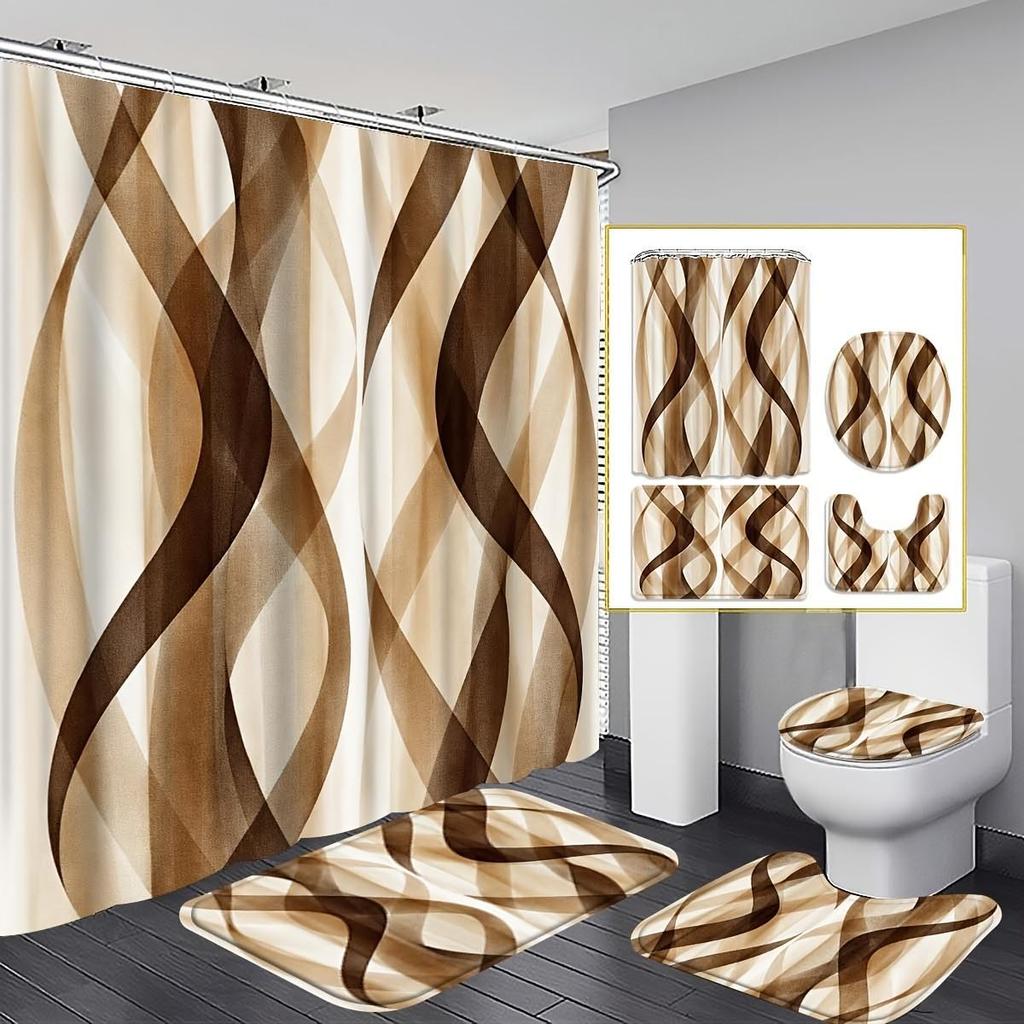 4Pcs Modern Geometric Shower Curtain Set with Non-Slip Bath Mat, Toilet Lid Cover, Contour Rug & 12 Hooks, Bathroom Decor