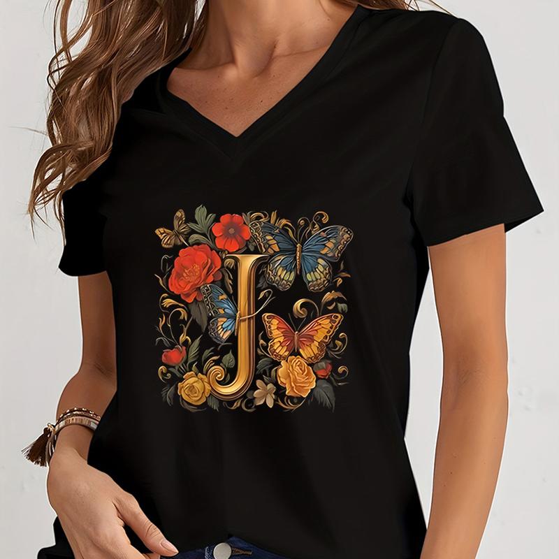 Women Tshirts AZ 26 Alphabet Flower Vintage Design Premium Tshirt Vintage Butterfly Flower 26 English Alphabet Summer Tshirt