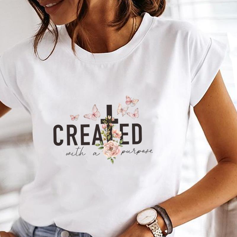 (Asian Size) Tee faith flower sweet Clothing T Shirt Printed Women Casual Fashion Lady Female Top Graphic Short Sleeve T-shirts