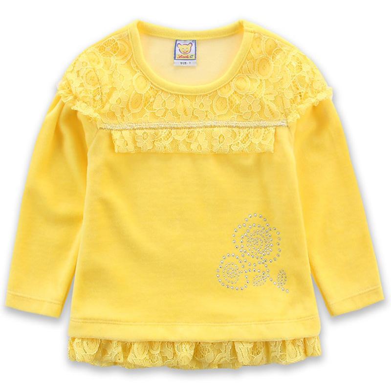 

Футболка для девочек, детская рубашка с длинными рукавами, кружевной хлопковый утепленный пуловер с защитой от холода, топы, толстовка 1T жёлтый