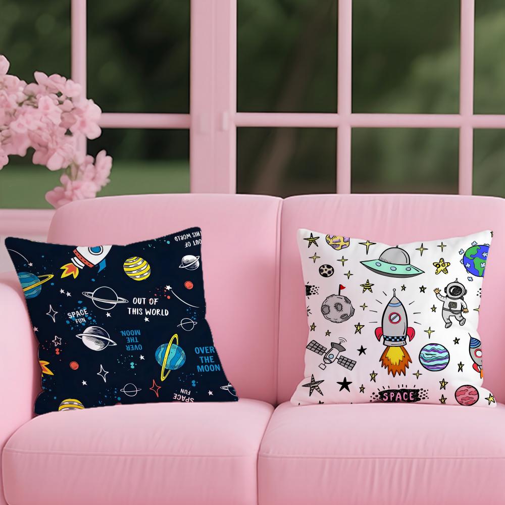 Outer Space Spaceship Astronaut Cushion Cover Reversible Plush Pillow Cover For Car Sofa Bedroom Decorative Gift Pillowcase