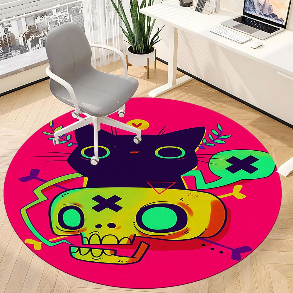 1pc Cat Skull Office Round Area Rug, Under Office Chairs Bedroom Living Room Home Decor, Room Deco