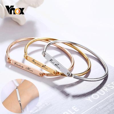 Vnox Women Custom Engrave ID Tag Cuff Bangles Bracelets Gold and Rose Gold Tone Minimalist Wrist