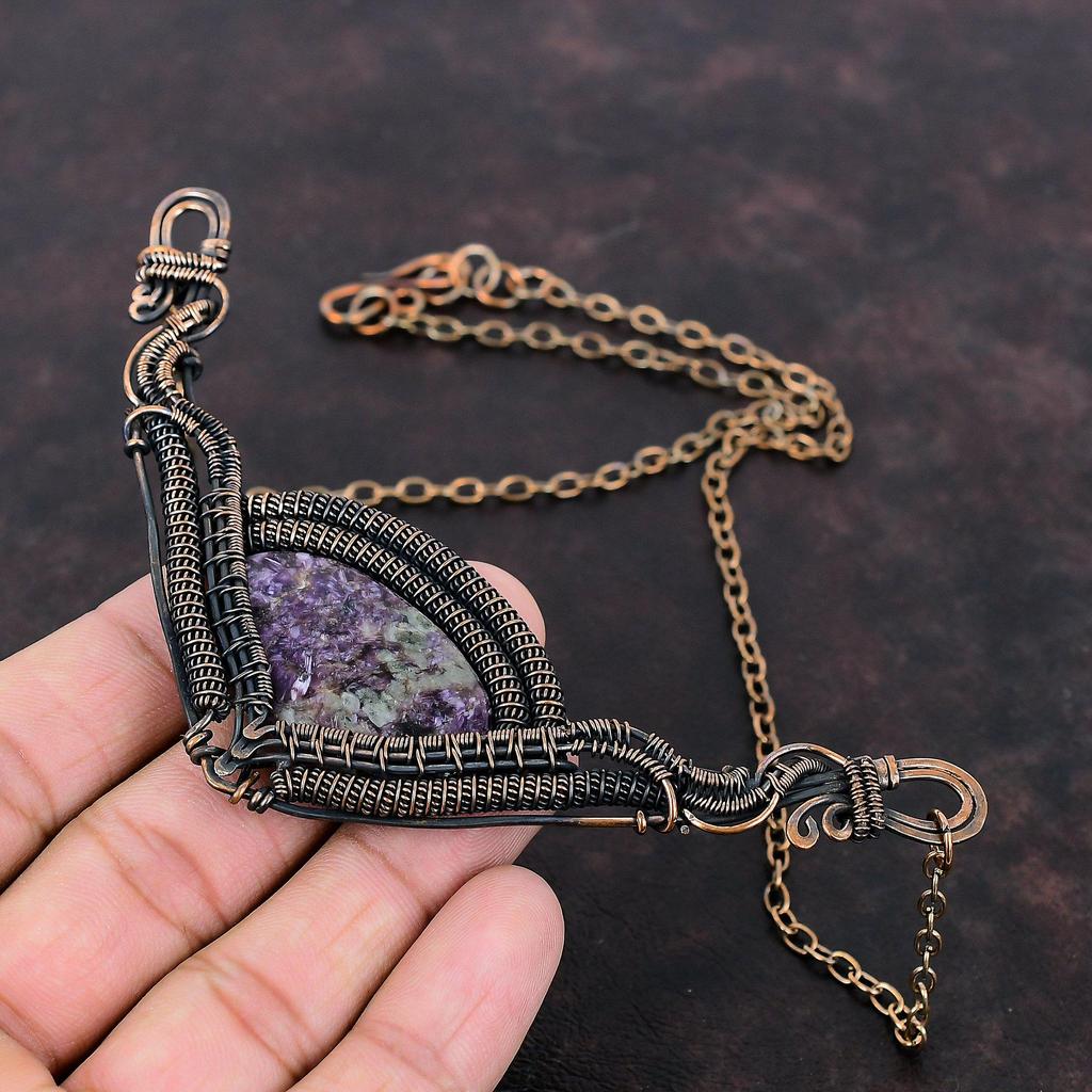 Charoite Necklace Copper Wire Wrapped Gemstone Necklace Adjustable Chain Necklace Copper Jewelry For Gift Handmade Jewelry Stylish Necklace