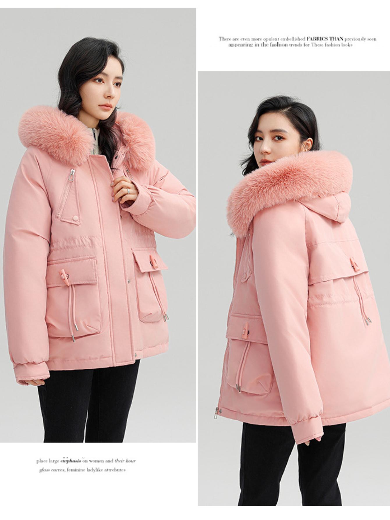 

Пальто Parkers с капюшоном и воротником, пальто из овечьей шерсти и хлопка на молнии, средней длины, теплое и пушистое пальто для зимнего сезона с хлопковой курткой M розовый