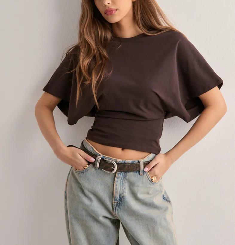 2025 European Batwing Sleeve Round Neck T-shirt – Women s Loose Summer Solid Color Top L